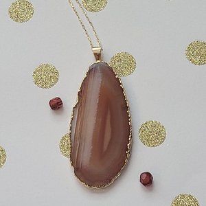 Hand-Cut Gold Plated Red Agate Rock Pendant on a Gold Chain
